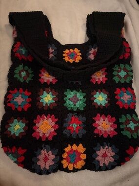 Handmade Black Crochet Granny Square Tote Bag with Multicolor Accents